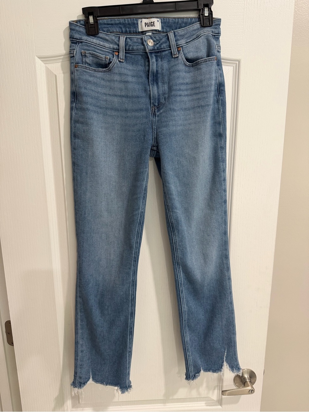 PAIGE Light Wash Straight Leg Jeans with Raw Hem